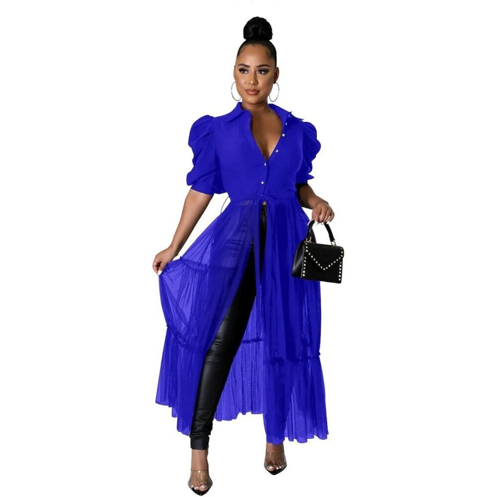 Women Bodycon Blouse Polyester High Low Asymmetrical Ruffle Tunic Top